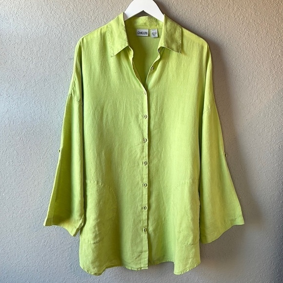 Chico's 100% Linen Lime Green Lagenlook Tunic Button Down Shirt Size 2 (12) - Picture 1 of 12